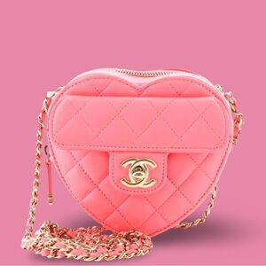Chanel Lambskin Quilted CC In Love Heart Clutch With Chain Pink Small
